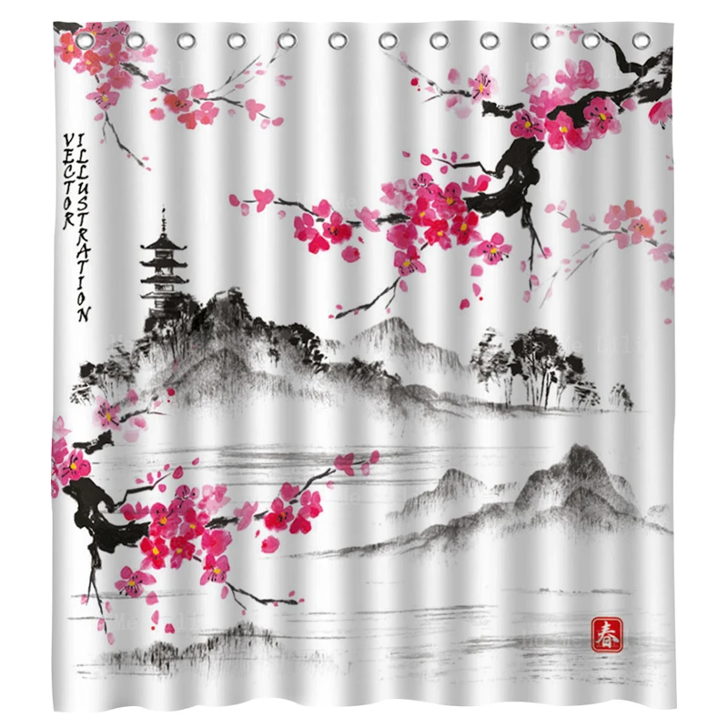 

Japanese Red Cherry Blossoms Watercolor Spring Mount Fuji Asian Oriental Sakura Floral Red Sun Shower Curtain By Ho Me Lili