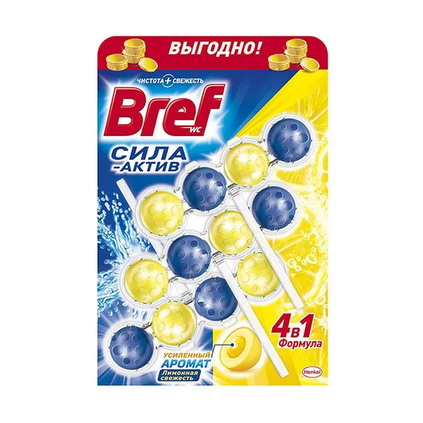 Блок для унитаза Bref 4 в 1 сила-актив лимонная свежесть 3х50 г | Дом и сад