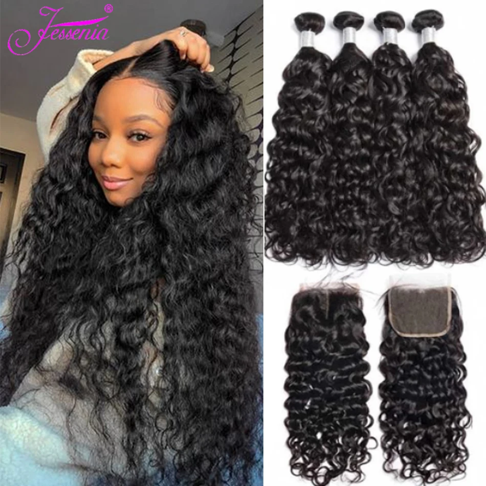 

Water Wave Bundles with Closure 12A Mongolian Wet and Wavy Virgin Curly Loose Deep Human Hair Extensions Bundles with 4*4Closure