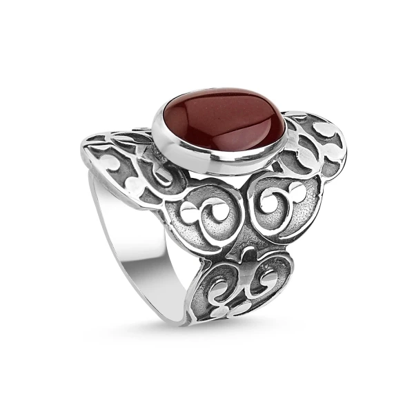 Silver 925 Sterling Red Agate Stone Handwork Ring