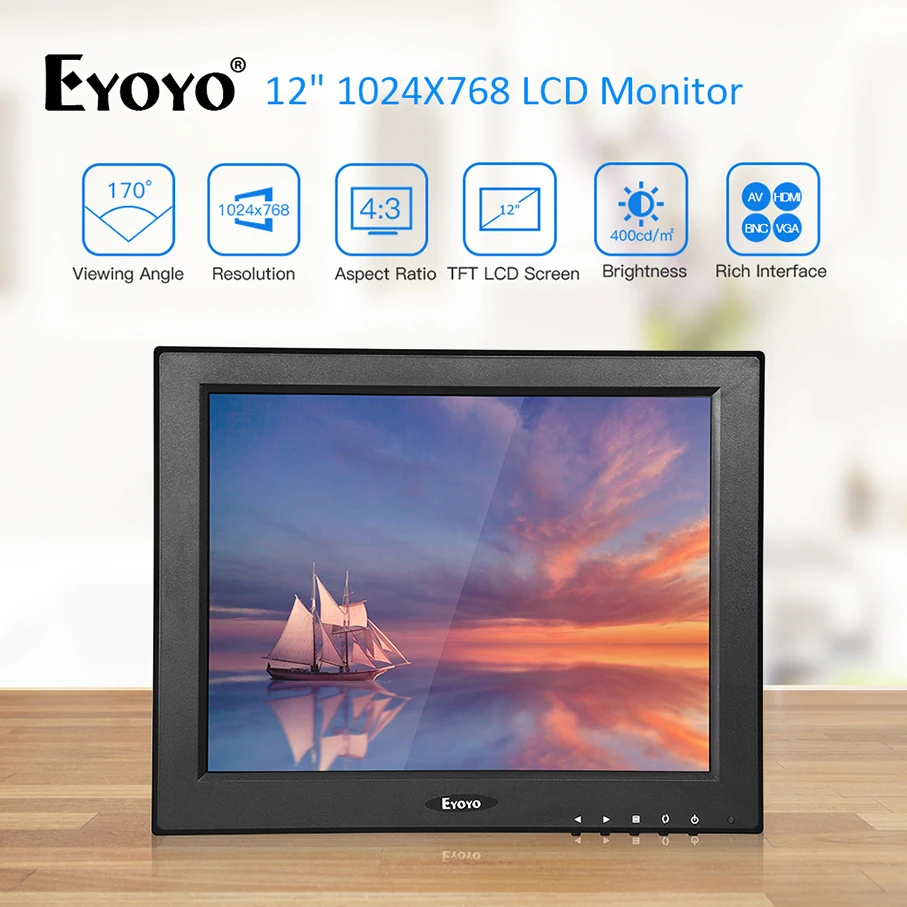 EYOYO 12-дюймовый цветной 1024x768 TFT ЖК-экран HD монитор HDMI VGA AV BNC для ПК видеонаблюдения