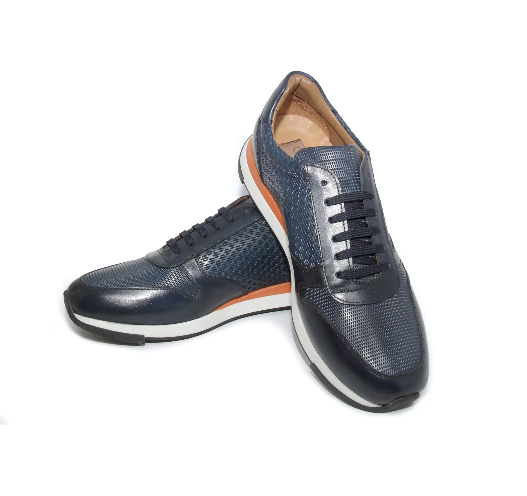

Handmade Dark Blue Orange Sport Trainers, Genuine Calf Leather, Patterned Calfskin, Casual Comfort Shoes for Men