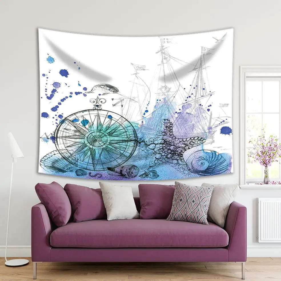 Tapestry Fish Seagulls Compass Boat Shell Starfish Watercolor Splashes Nautical Theme Blue 
Tapestry Fish Seagulls Compass Boat Shell Starfish Watercolor Splashes Nautical Theme Blue
