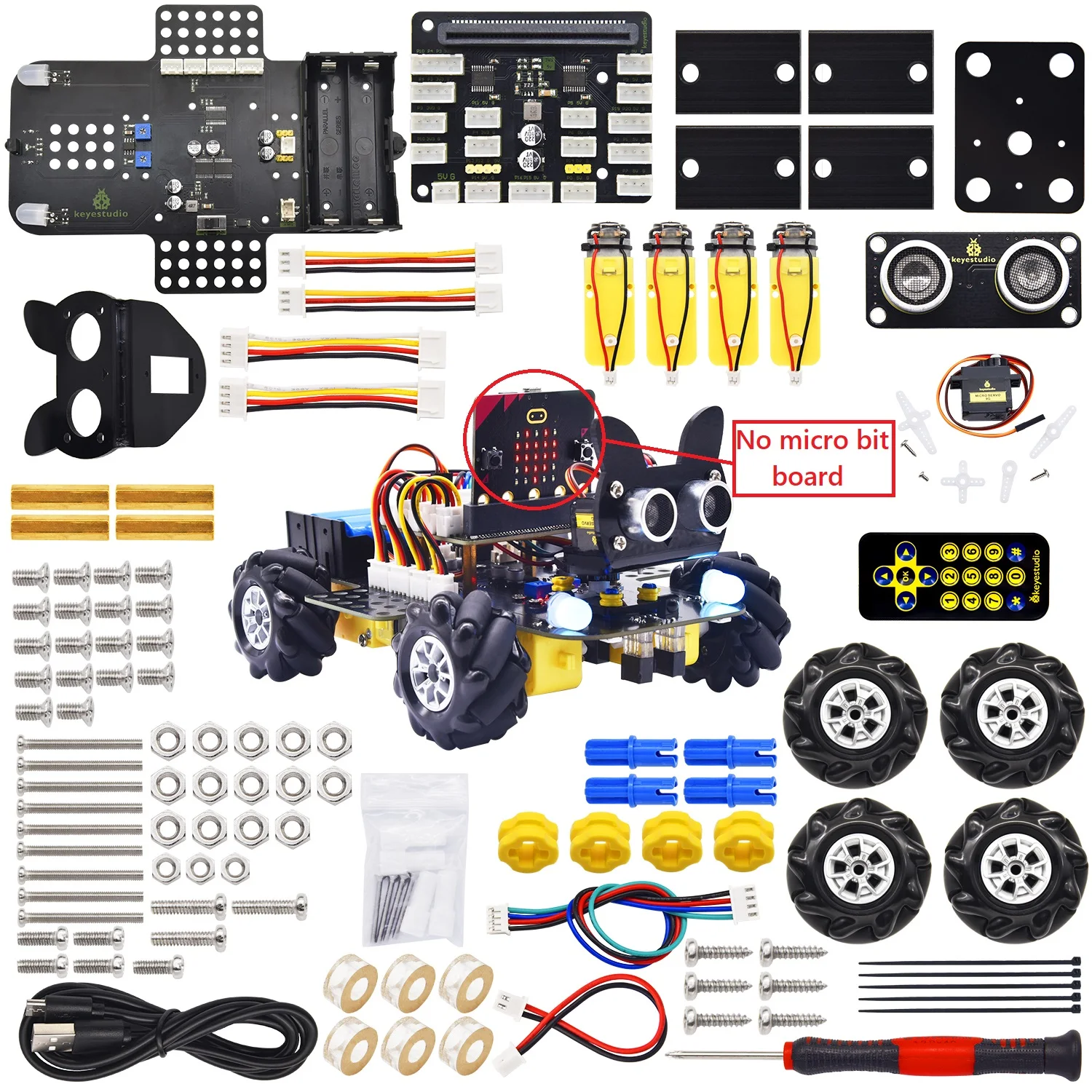Keyestudio Mecanum Wheel Robot Micro:bit Robot Car Diy Kit Support APP Control and Make Code program(No Micro Bit Board)
Keyestudio Mecanum Wheel Robot Micro:bit Robot Car Diy Kit Support APP Control and Make Code program(No Micro Bit Board)
