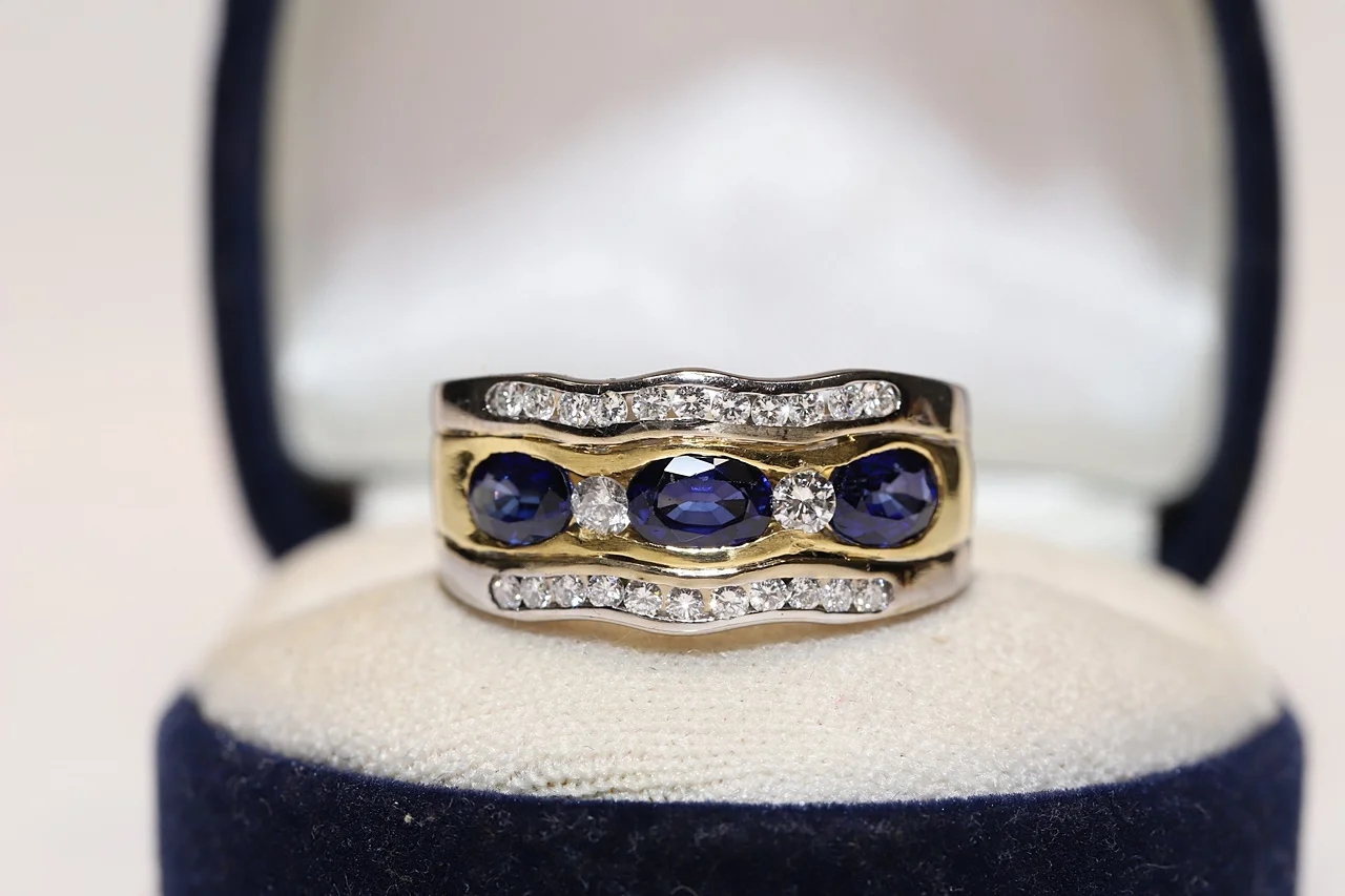 Vintage Original 18K Gold Natural Diamond And Sapphire Decorated Pretty Strong Ring 
Vintage Original 18K Gold Natural Diamond And Sapphire Decorated Pretty Strong Ring