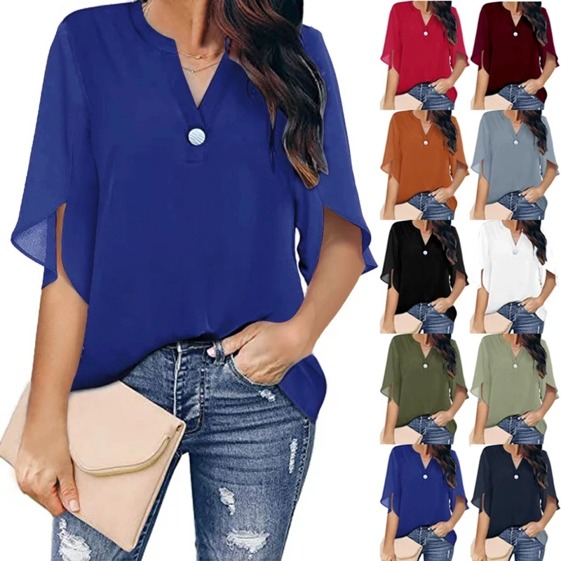Blusa informal de manga corta con cuello en V para verano, camisa holgada de chifón para mujer, Color liso, 2022
Blusa informal de manga corta con cuello en V para verano, camisa holgada de chifón para mujer, Color liso, 2022