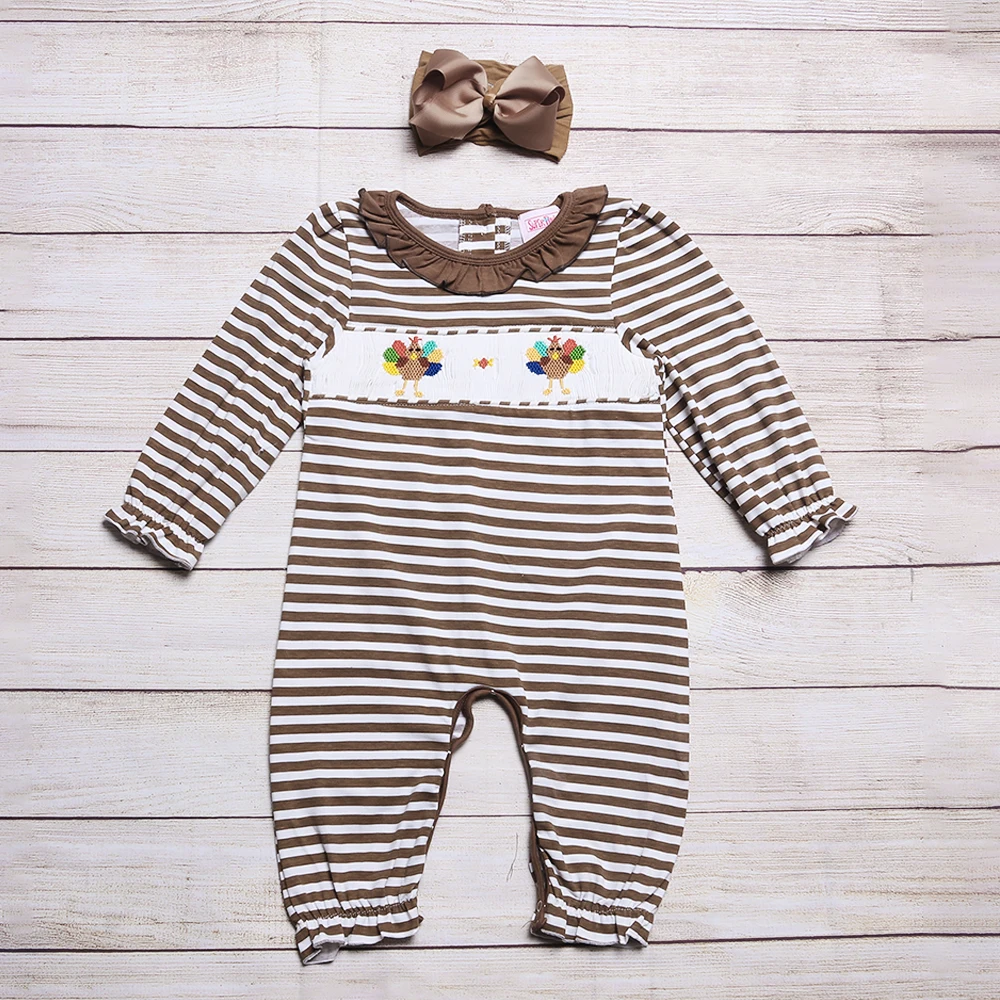

Boutique Baby Girl Clothes Smock Romper Hand Embroidery Infant Clothes Beautiful Stripe Jumpsuit 0-3T For Girls Thanksgiving Day