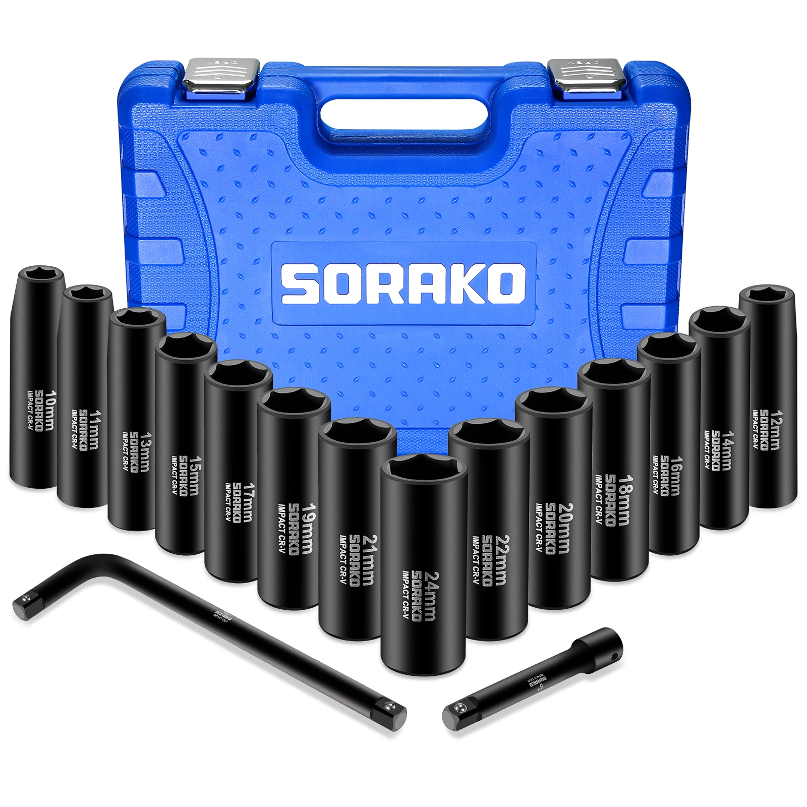 Impact Socket Set 1/2” Drive, SORAKO 16Pcs Metric 10-24mm 6 Point Long Impact Socket Set, 2 Piece Extension Rod for Drill Driver
Impact Socket Set 1/2” Drive, SORAKO 16Pcs Metric 10-24mm 6 Point Long Impact Socket Set, 2 Piece Extension Rod for Drill Driver