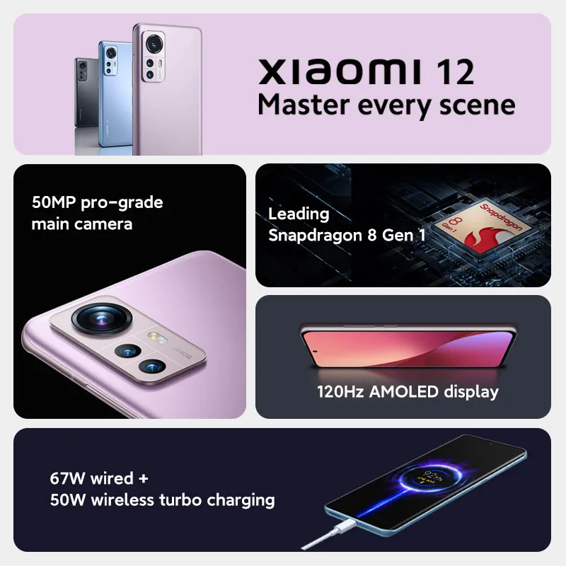 Смартфон Xiaomi 12 128 ГБ/256 ГБ NFC Snapdragon®8 Gen 1 Octa Core 120Hz Частота обновления 50MP камера 67W