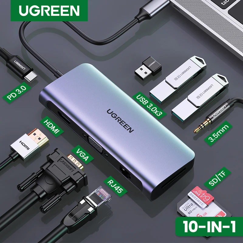 UGREEN USB C концентратор 10 в 1 Тип на HDMI 4K 3 0 VGA PD 5 мм Полная функция для MacBook/Pro/Air iPad Pro