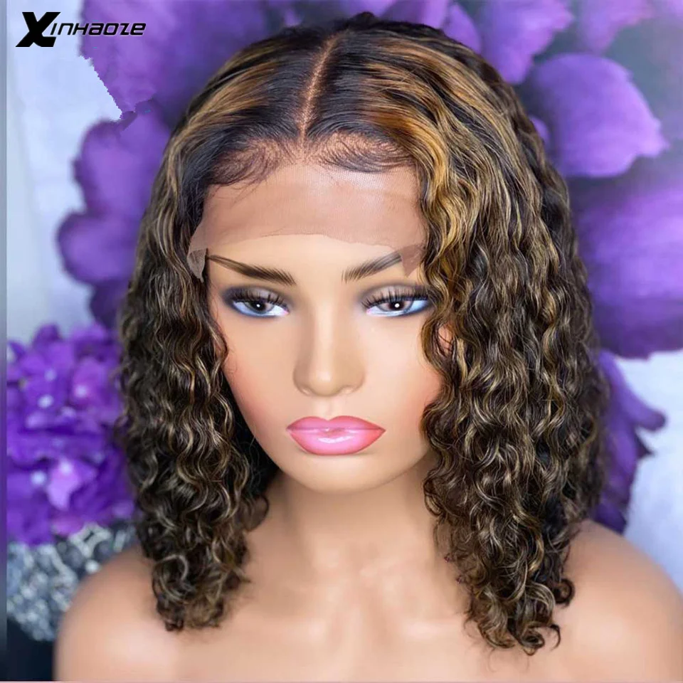 

4x4 Lace Closure 1BT4/30 Ombre Blonde Highlight Deep Wave Short Bob Wigs Full 250 Density Short Curly Bob 4x4 Lace Closure Wigs