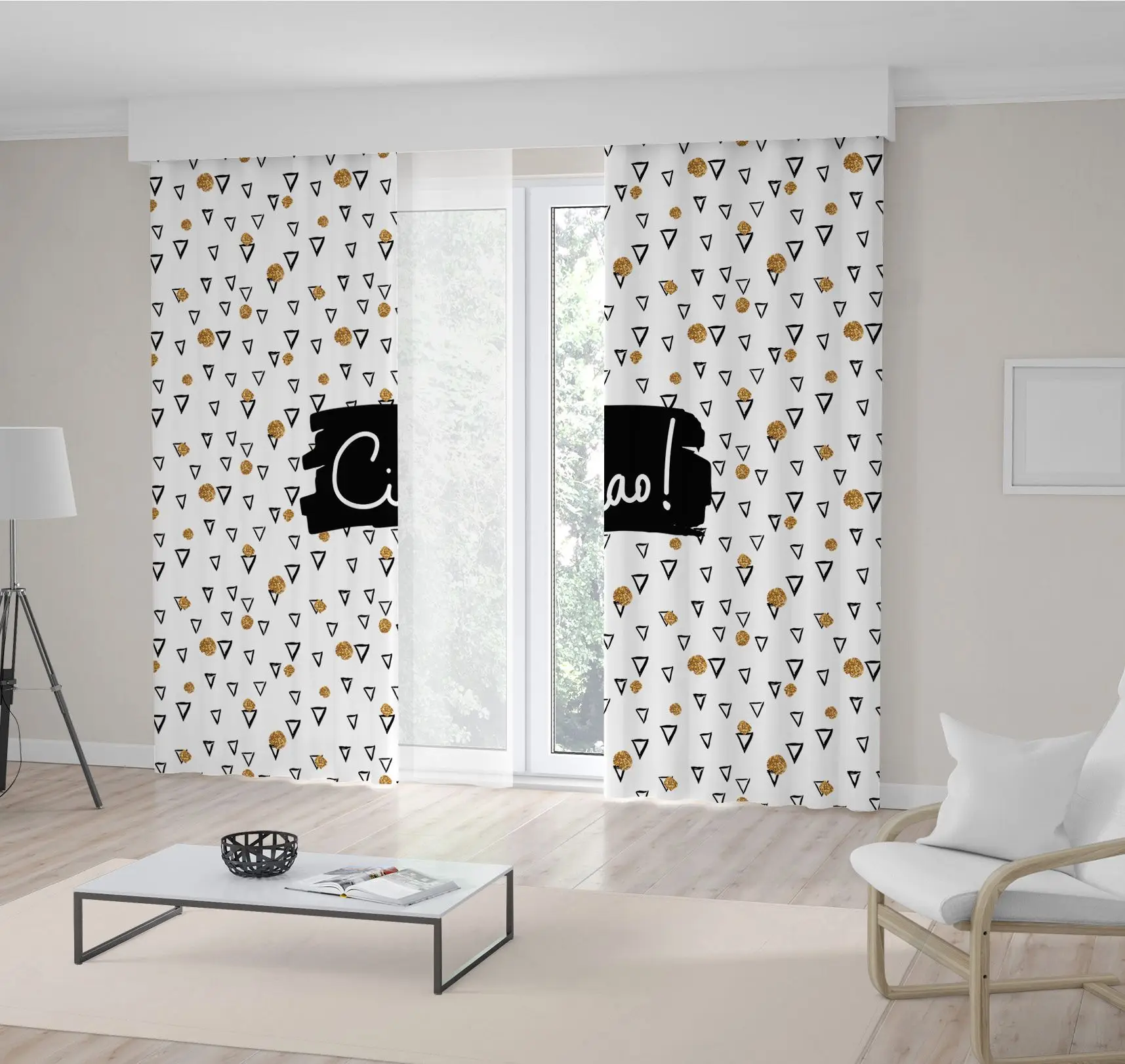 Curtain Ciao Fun Hand Drawn Calligraphic Style Artwork with Triangle Shapes and Gold Dots Hello in Italian
Curtain Ciao Fun Hand Drawn Calligraphic Style Artwork with Triangle Shapes and Gold Dots Hello in Italian