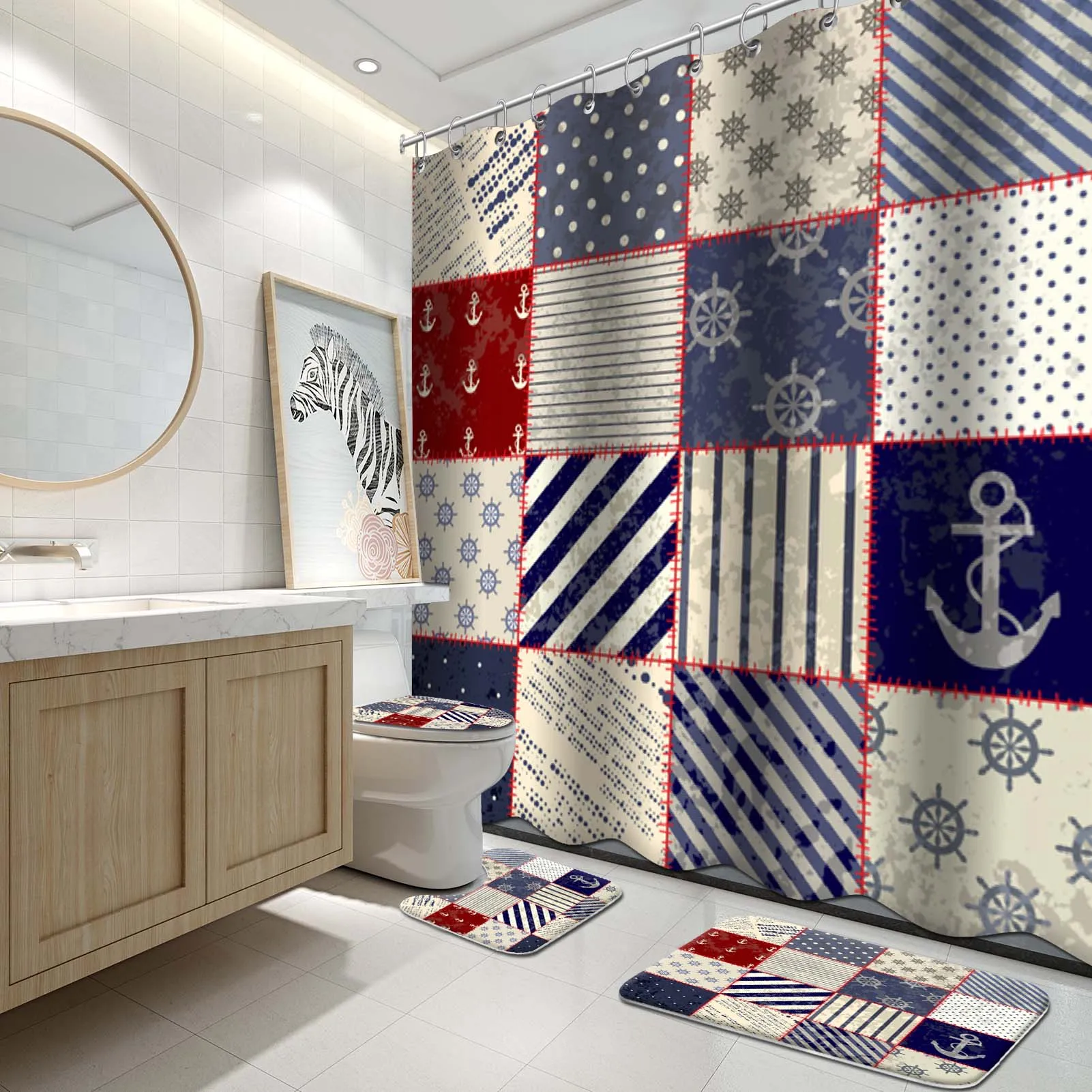 Nautical Stall Shower Curtain, Maritime and Marine Life Design Vintage Sailor Knot Anchor Motifs, Fabric Bathroom Decor Set
Nautical Stall Shower Curtain, Maritime and Marine Life Design Vintage Sailor Knot Anchor Motifs, Fabric Bathroom Decor Set
