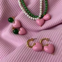 Vintage Sweet Pink Heart Pendant Earrings Freshwater Pearl Contrast Earring Korean Design Candy Color Heart Beaded Necklace