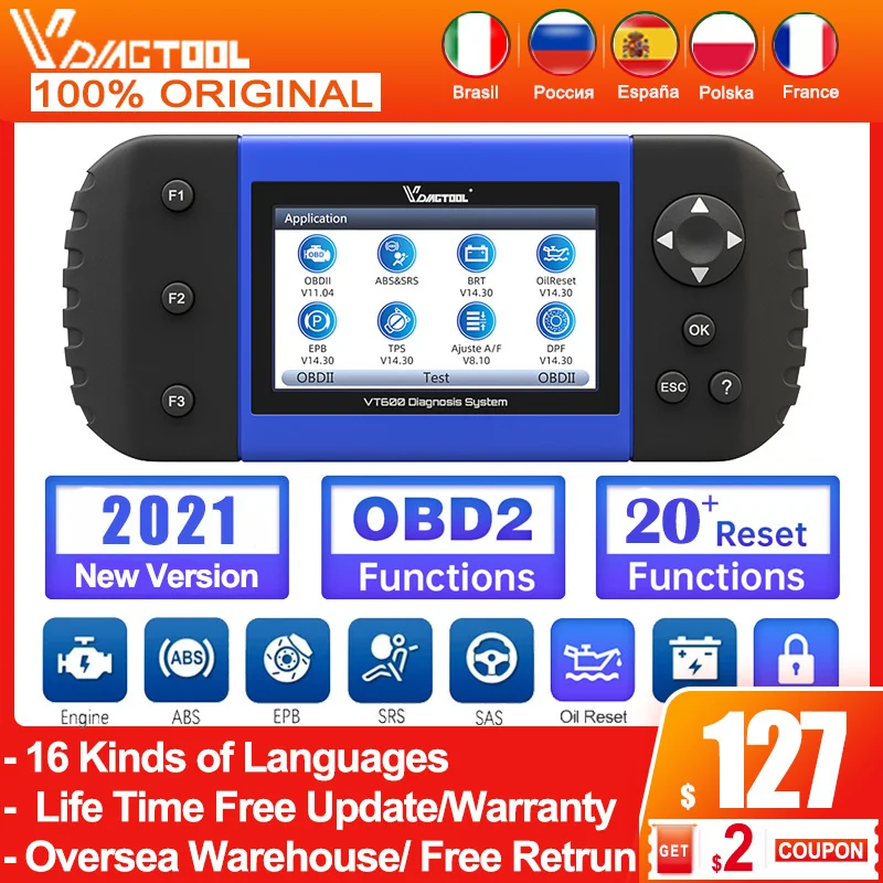 

VDIAGTOOL VT600 OBD2 Scanner Engine ABS SRS EPB Oil Service Reset Injector Coding obd Key Programmer Support All System KO NT650