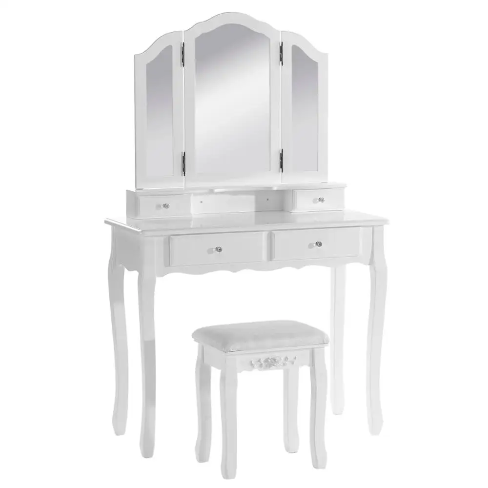 1Set White Dressing Table Set with 3 Mirrors and 1 Stool 4 Drawers Cosmetic Vanity Table Makeup Dressers Bedroom Furniture 
1Set White Dressing Table Set with 3 Mirrors and 1 Stool 4 Drawers Cosmetic Vanity Table Makeup Dressers Bedroom Furniture