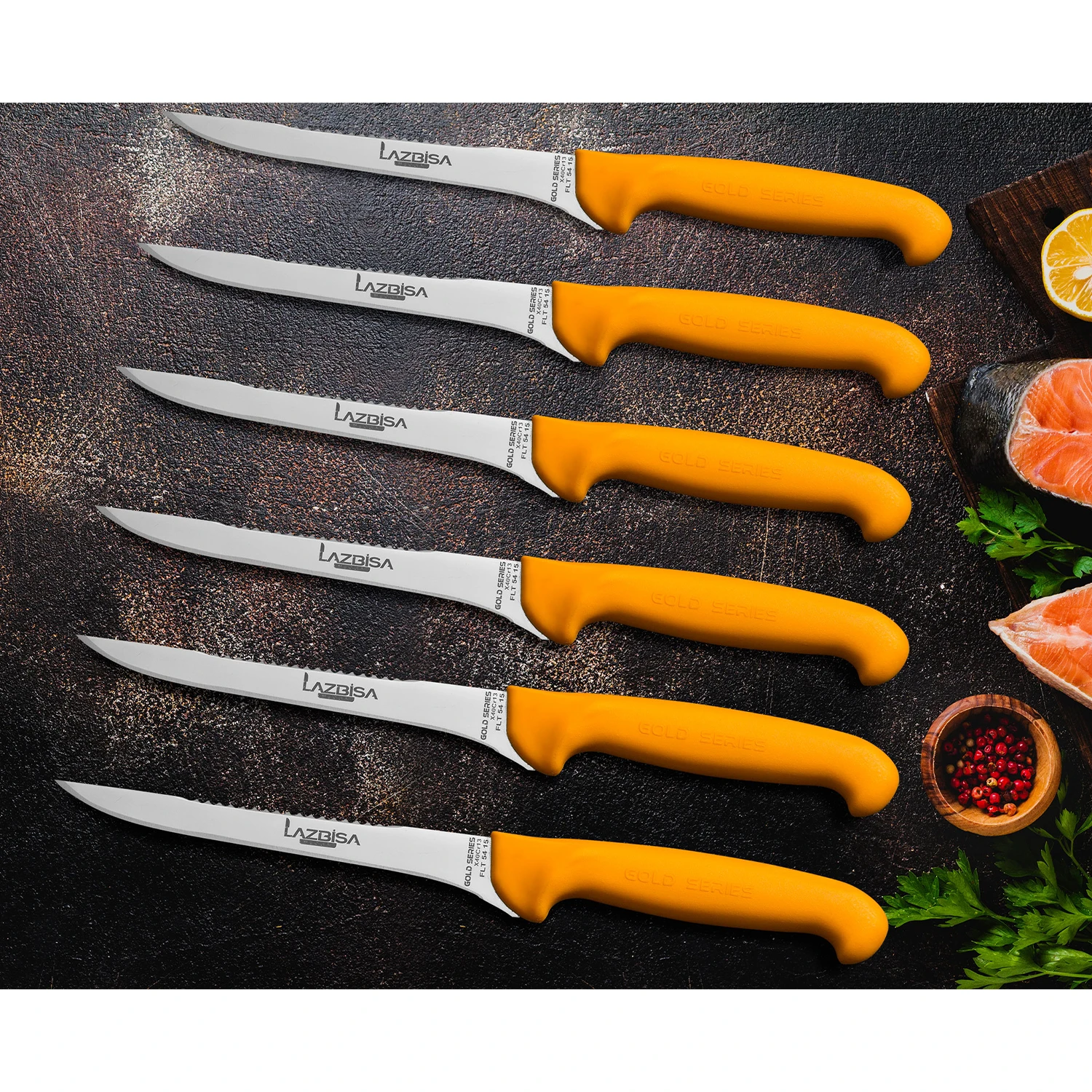Lazbisa Knife Meat Bread Fish Fruit Vegetable Kitchen Knife Set Top Serrated Fillet Knife Gold Series
Lazbisa Knife Meat Bread Fish Fruit Vegetable Kitchen Knife Set Top Serrated Fillet Knife Gold Series