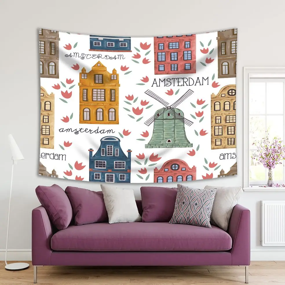 Tapestry Windmill Houses and Tulip Flowers Historic Buildings in Amsterdam Netherlands Art Mustard in Navy Brown Print 
Tapestry Windmill Houses and Tulip Flowers Historic Buildings in Amsterdam Netherlands Art Mustard in Navy Brown Print