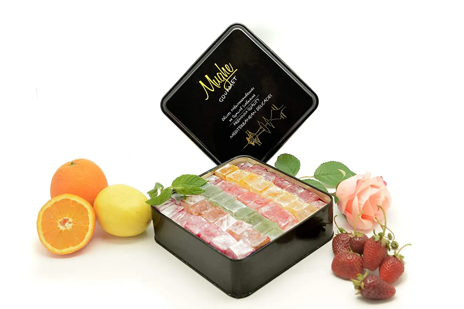 Mix Plain Turkish Delight Tin Box (No Nuts) - Mix of flavors: Rose, Strawberry, Lemon, Orange and Mint
Mix Plain Turkish Delight Tin Box (No Nuts) - Mix of flavors: Rose, Strawberry, Lemon, Orange and Mint
