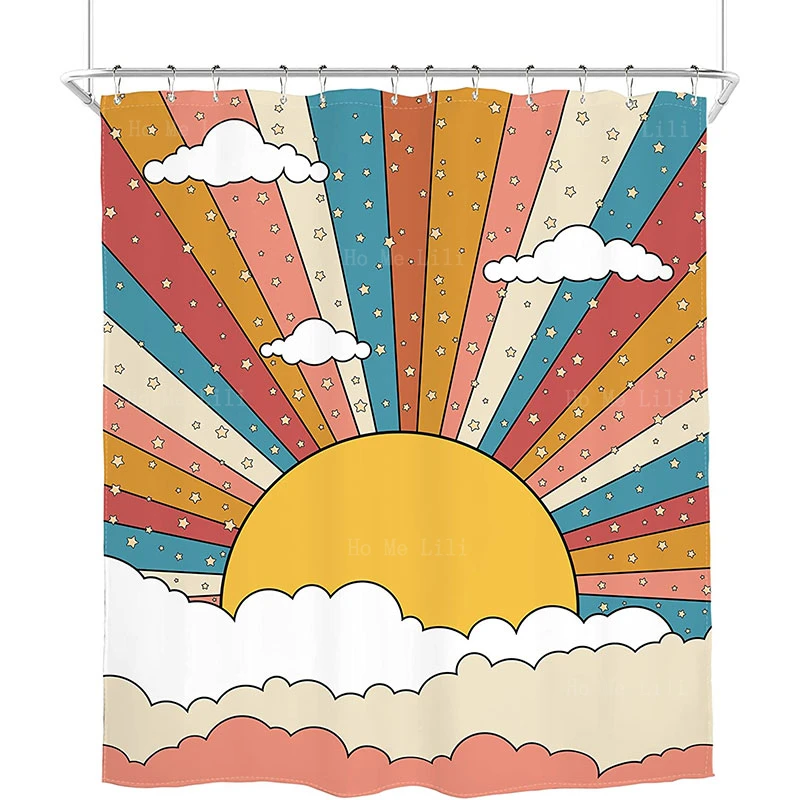 

Retro Abstract Rainbow Colorful Boho Sunrise Sunset Vintage Cloud Hippie Stars Girly Aesthetic Shower Curtain