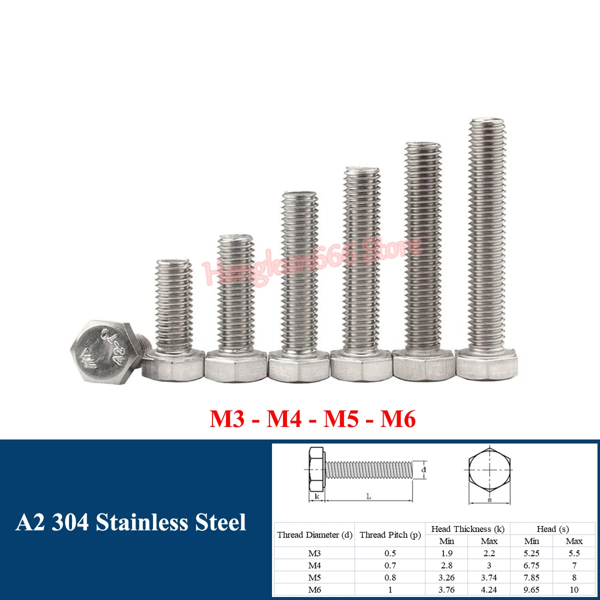 

M3 M4 M5 M6 External Hexagon Head Set Screw A2 304 Stainless Steel Hex Bolts DIN 933 Full Thread Coarse