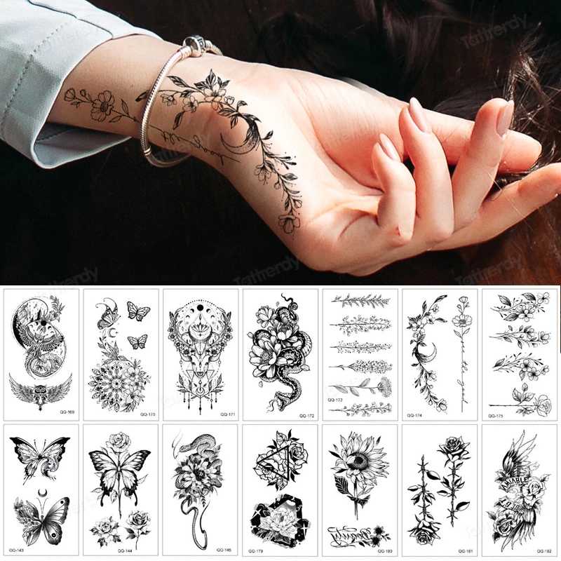 12pcs/lot hand finger mini tattoo sticker black sketch flowers leaves butterfly daisy temporary tattoos for women girl men adult
12pcs/lot hand finger mini tattoo sticker black sketch flowers leaves butterfly daisy temporary tattoos for women girl men adult