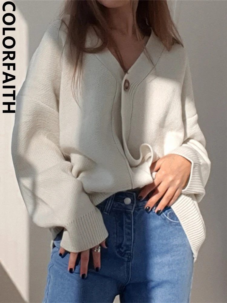 

Colorfaith New 2022 V-Neck Buttons Cardigans Oversized Fashionable Korean Lady Winter Spring Women's Sweaters Knitwears SWC18190
