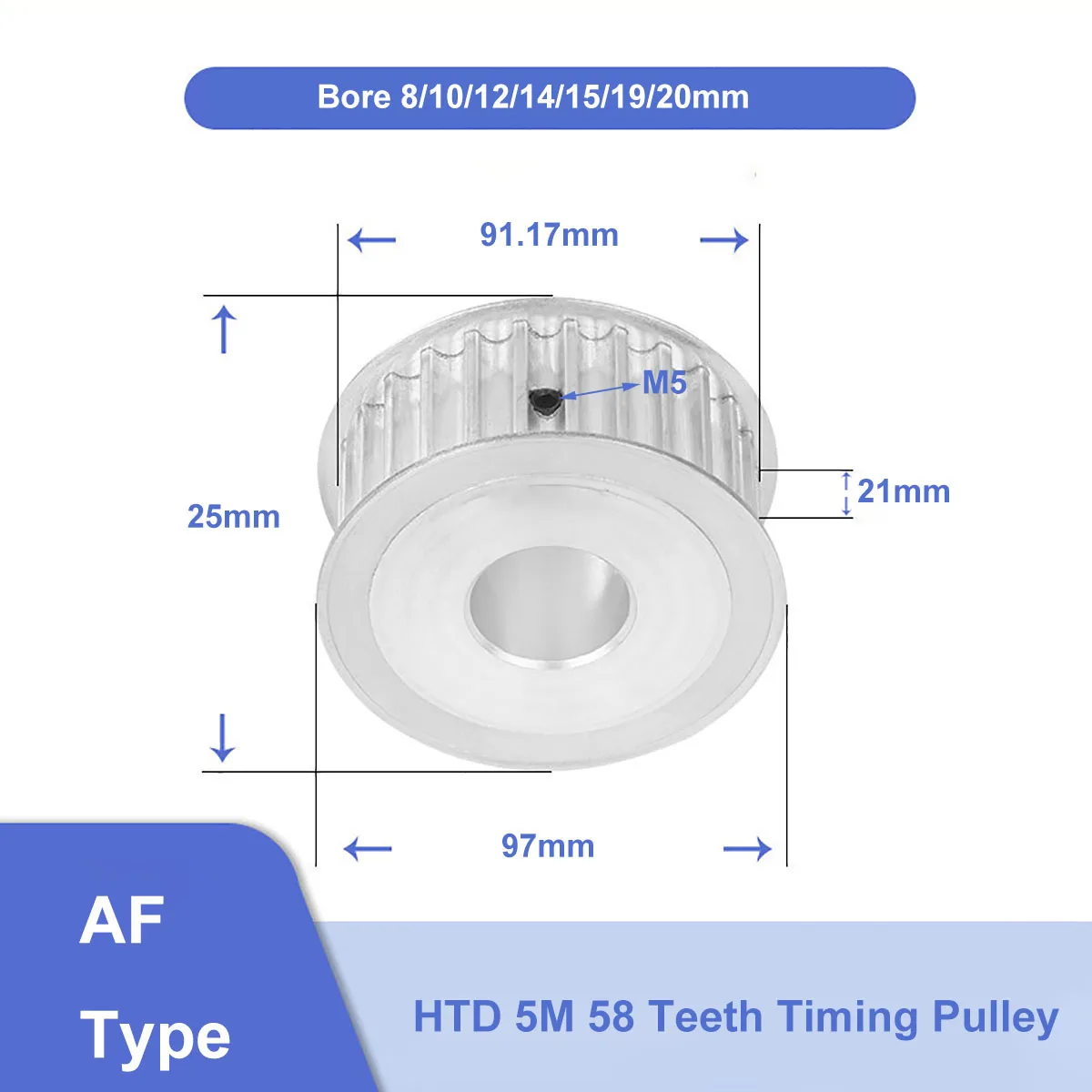 HTD 5M 58Teeth 21mm Width Timing Pulley Synchronus Wheel Bore 8/10/12/14/15/19/20mm Aluminium Idler Pulley For HTD5M Timing Belt
HTD 5M 58Teeth 21mm Width Timing Pulley Synchronus Wheel Bore 8/10/12/14/15/19/20mm Aluminium Idler Pulley For HTD5M Timing Belt
