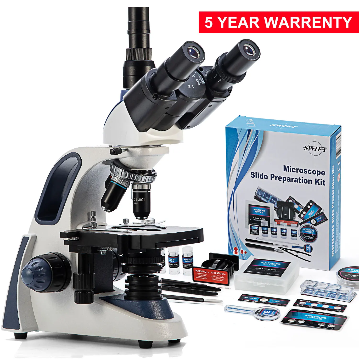 SWIFT 40X-2500X Trinocular Compound Microscope with LED 3D Mechanical Stage+66 Experiment kits
SWIFT 40X-2500X Trinocular Compound Microscope with LED 3D Mechanical Stage+66 Experiment kits