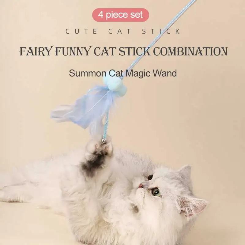 

Funny Pvc Funny Cat Stick Long Rod Feather Ribbon Bell Combination Toy Set Safe Bite-resistant Environmental Protection Material