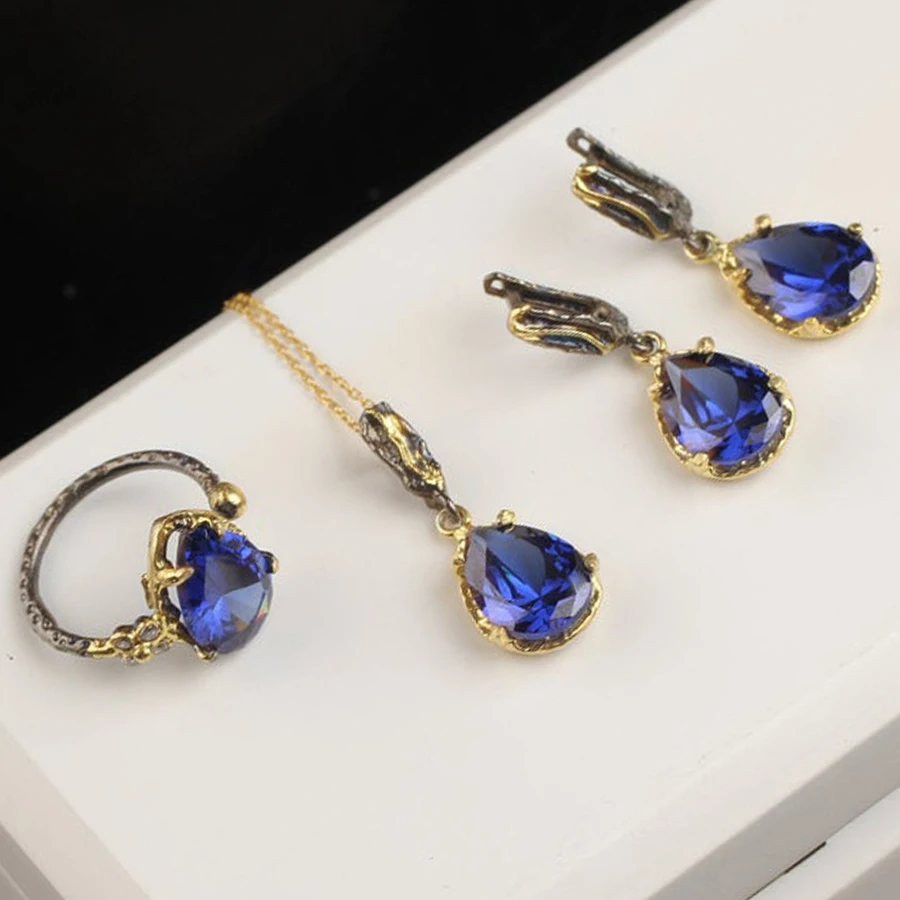Drop Cut Tanzanite Silver Jewelry Set, Woman Flower Shaped Handmade Blue Tanzanite 925 Silver Necklace+Earring+ring Sets
Drop Cut Tanzanite Silver Jewelry Set, Woman Flower Shaped Handmade Blue Tanzanite 925 Silver Necklace+Earring+ring Sets