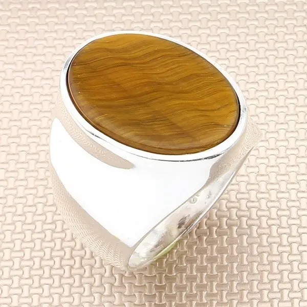 

Однотонное овальное коричневое Тигровое глазко, винтажное мужское серебряное кольцо, Сделано в Турции, однотонное искусственное серебро