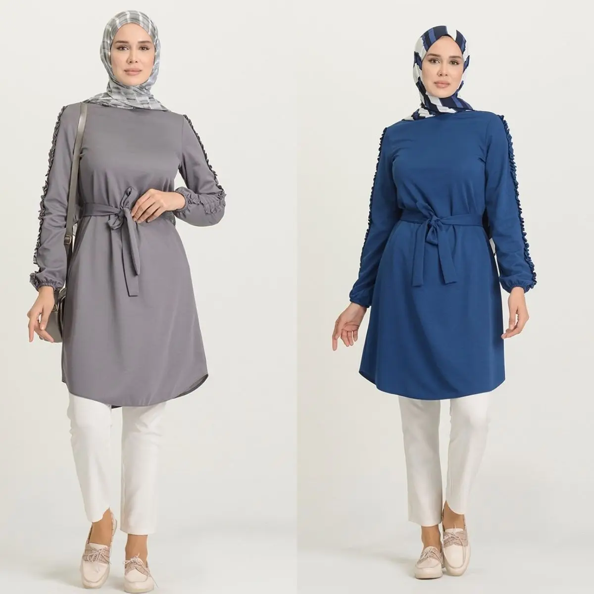 

Ruffled Sleeve Belted Tunic Plain Buttoned Unlined Long Elastic Sleeves Zero Collar Seasonal Winter Women Muslim Clothing Hijab