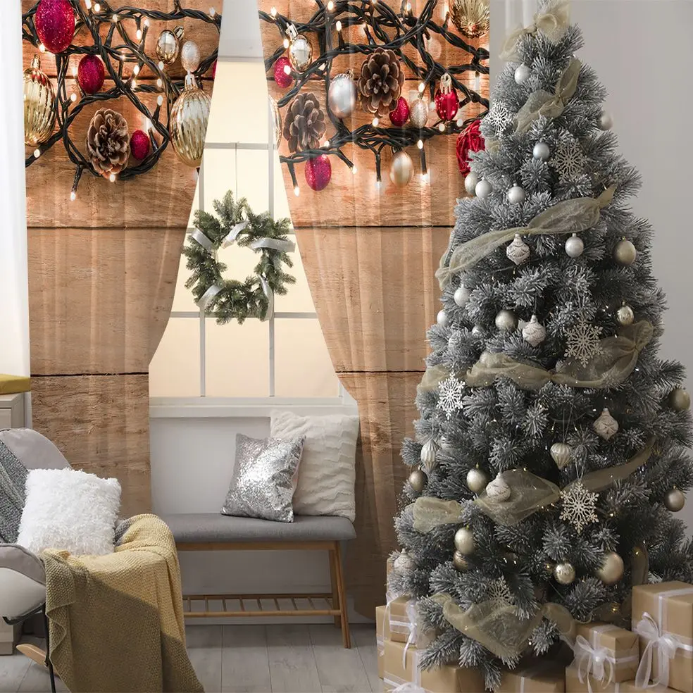 Curtain Ornaments Colorful Baubles Pine Cones Decorating Lights on Wooden Wall Festive Season Photo Red Brown
Curtain Ornaments Colorful Baubles Pine Cones Decorating Lights on Wooden Wall Festive Season Photo Red Brown