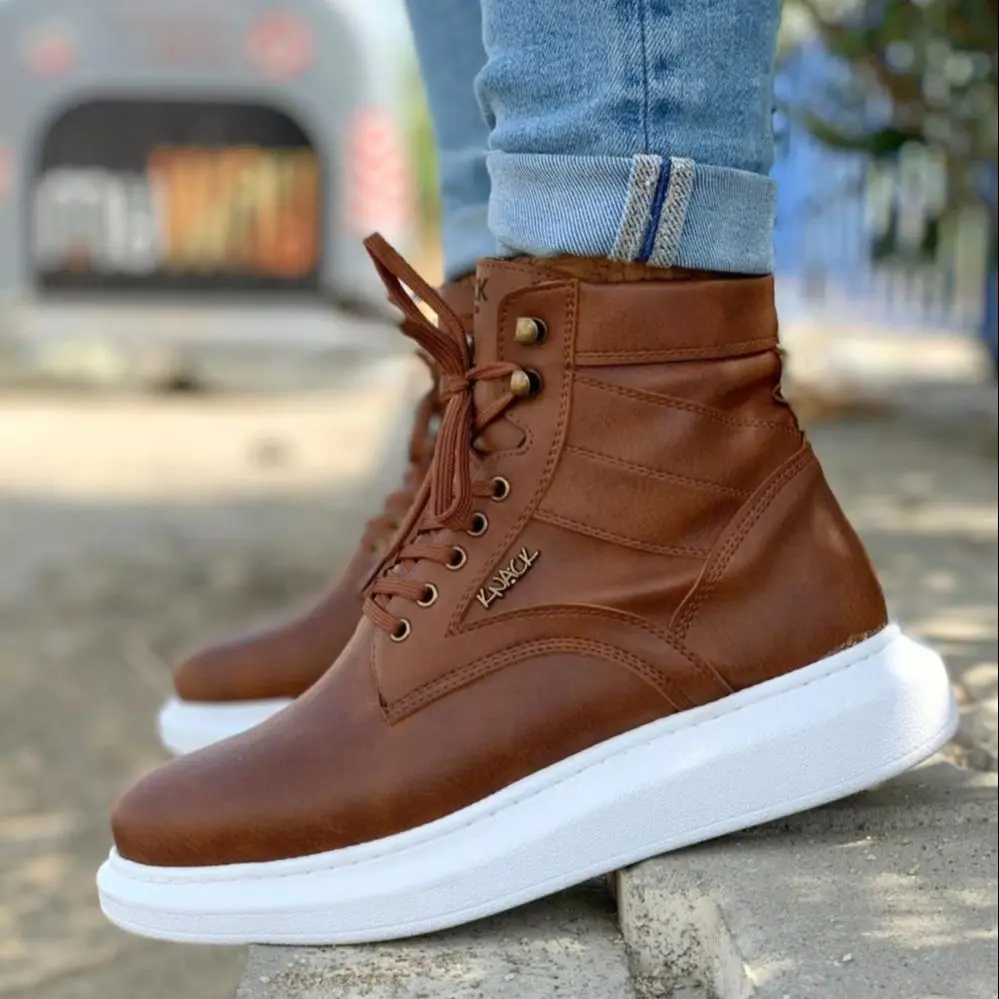 

Knack B-404 Men Boots Young Fashion High White Orthotic Insole Shoes Hot Casual Comfortable For Winter Laced Tan (Leather non-)