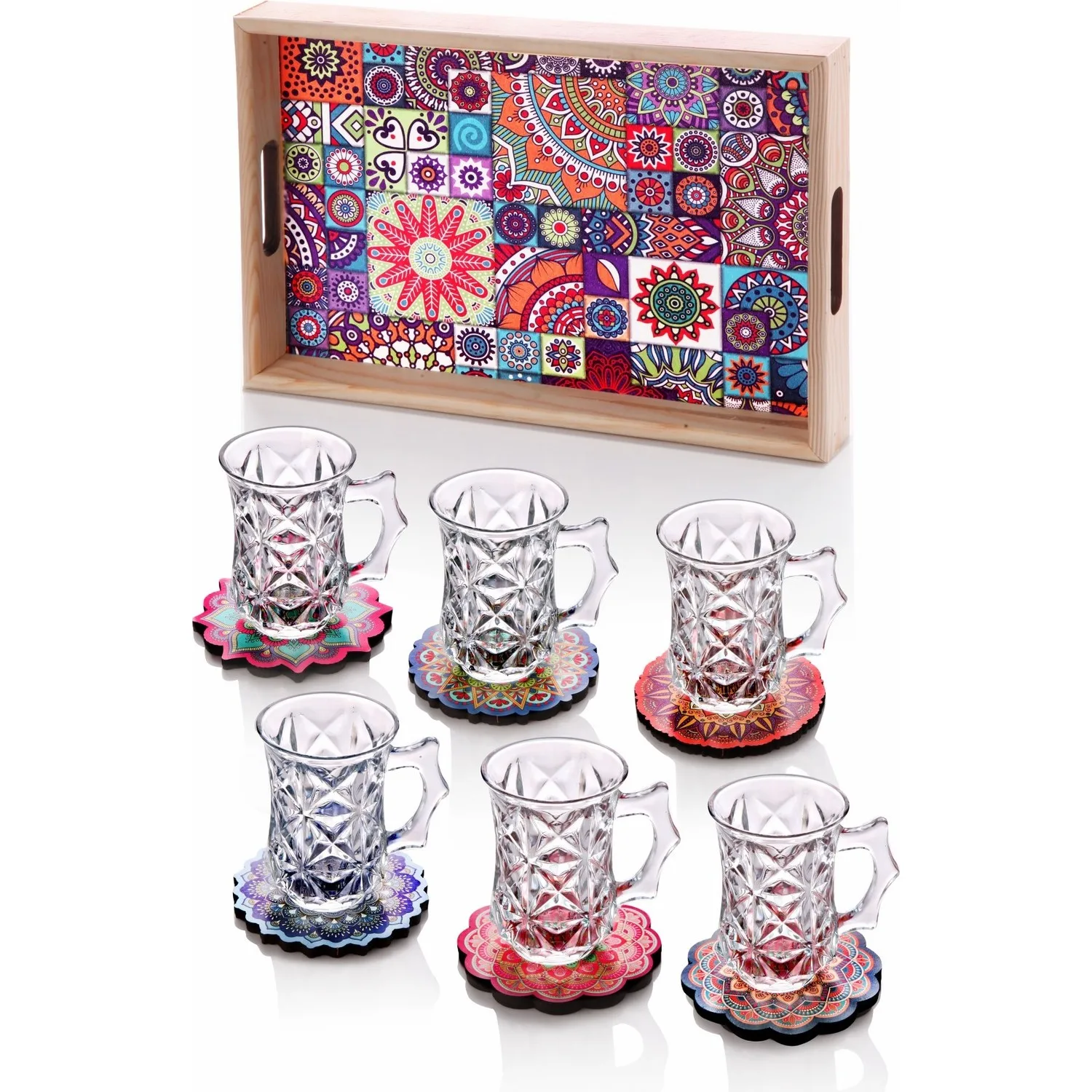 Tile design printed colorful tea set 13 piece modern elegant quality fashion modern wood tray
Tile design printed colorful tea set 13 piece modern elegant quality fashion modern wood tray