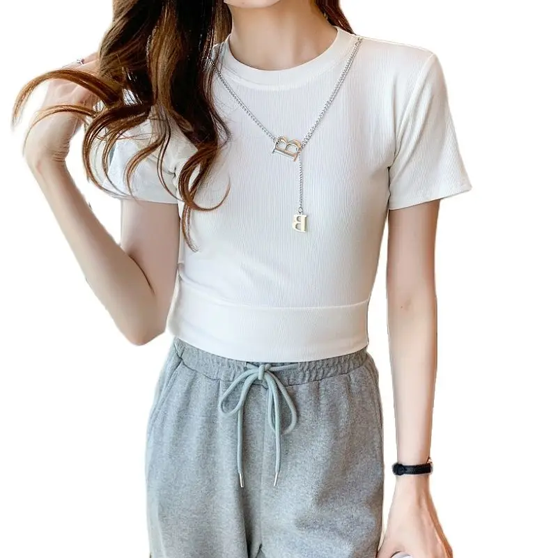 female T-shirt short sleeve round collar high-waisted cotton
female T-shirt short sleeve round collar high-waisted cotton