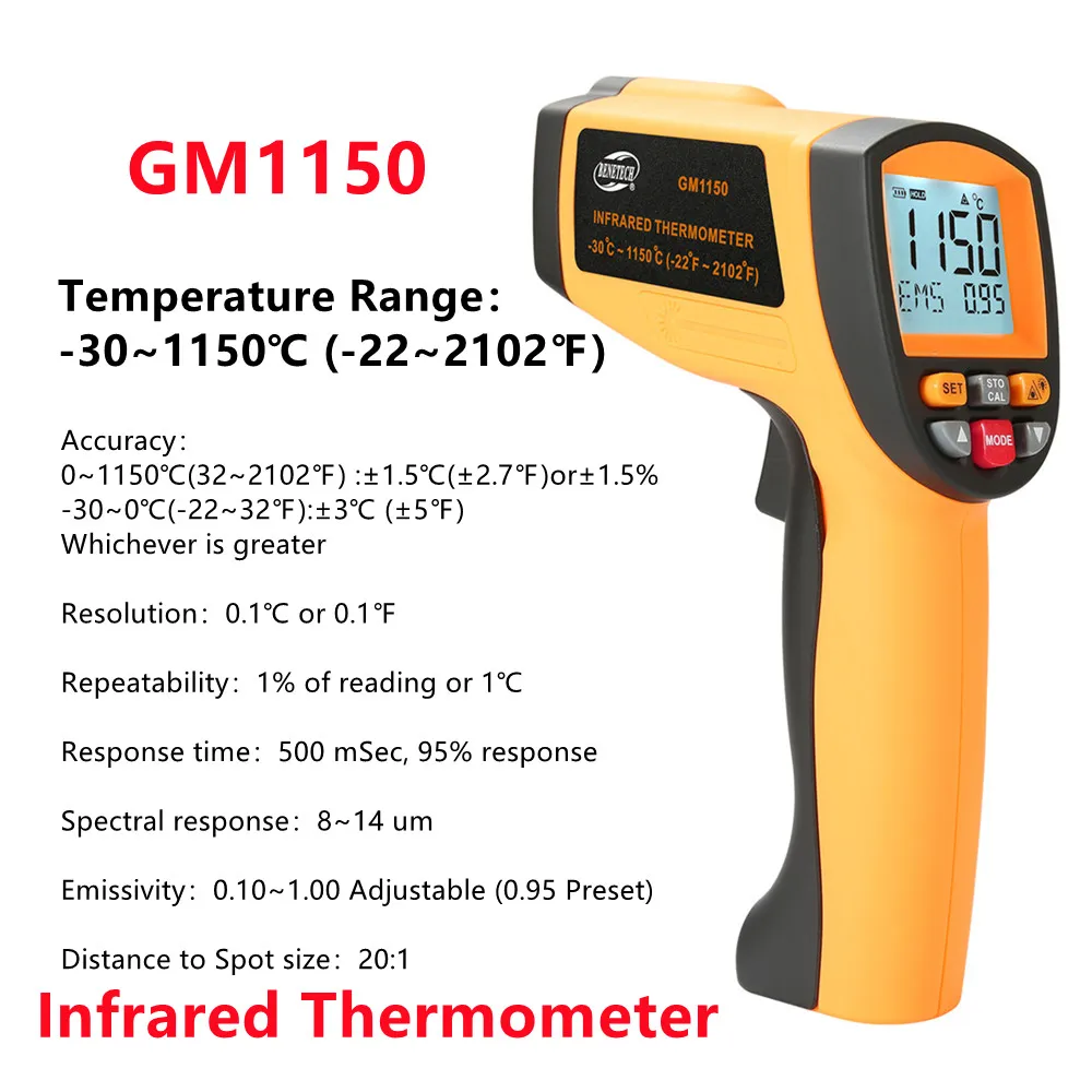 

5 шт.-30 ~ 1150 ℃ Инфракрасный термометр GM1150 Промышленный лазерный пистолет-термометр с ЖК-дисплеем Бесконтактный промышленный термометр