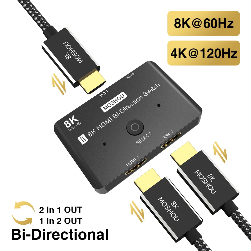 

MOSHOU 8K@60Hz HDMI 2.1 Bidirectional Switch Splitter 2 in1 out 1in 2 out 4K@120Hz Ultra HD Switcher