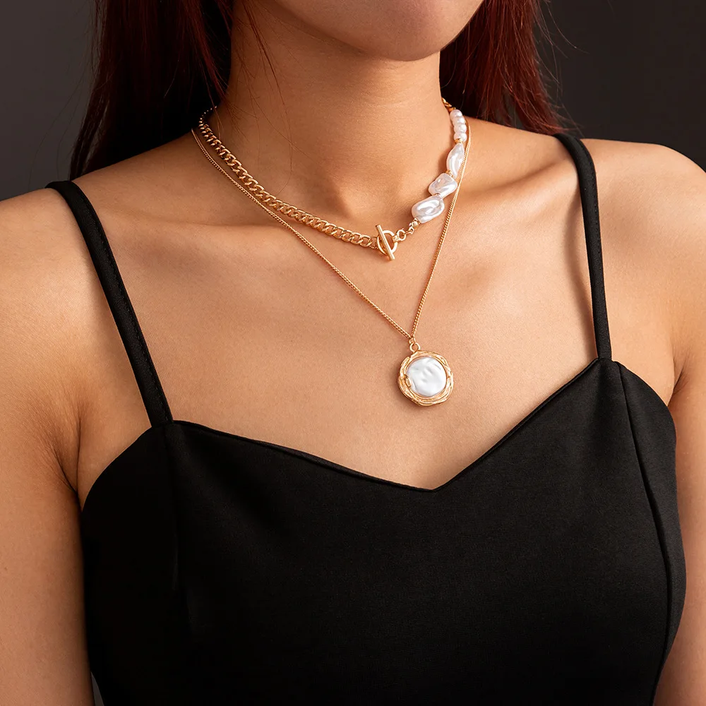 

New Geometric Baroque Imitation Pearls Snap-in Clavicle Chain Double-layer Necklace For Women Vintage Choker Female Jewelry Gift