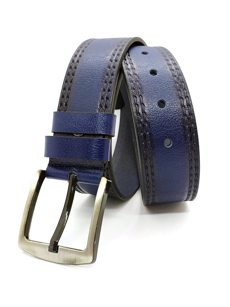 

Genuine Soft Leather Handmade Blue Man Belt High Quality Calfskin For Pants Metal Buckle For Casual Gift For Valentine's Day