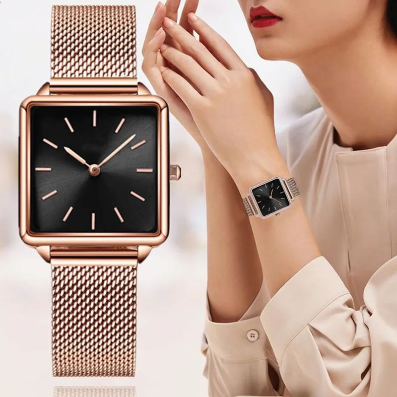 Reloj Mujer Luxury Women Watches Rose Gold Simple Magnetic Mesh Belt Band Watch Women's Fashion Square Wristwatch Zegarek Damski |