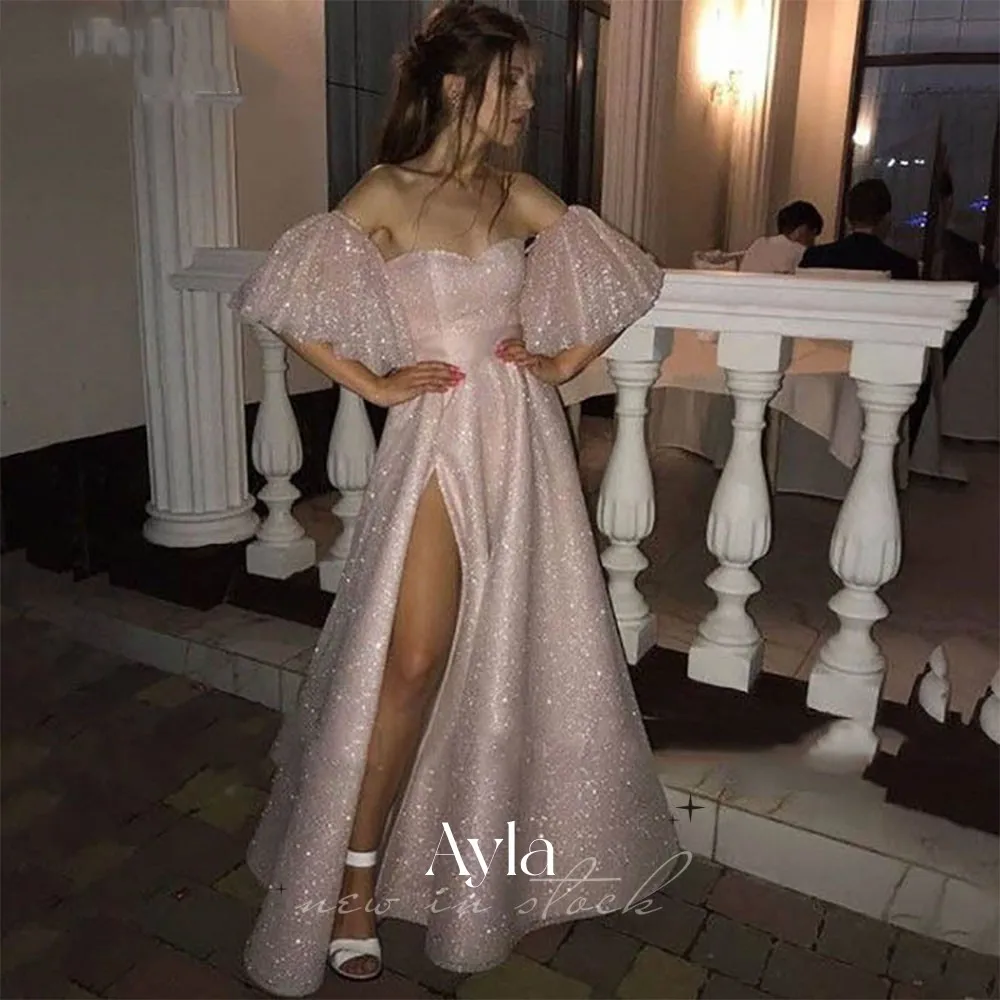 

Gorgeous A-line Prom Dress With Puffy Sleeves Glitter Evening Dress Tulle Sweep Train Homecoming Glitter Tulle Party Dress Robe