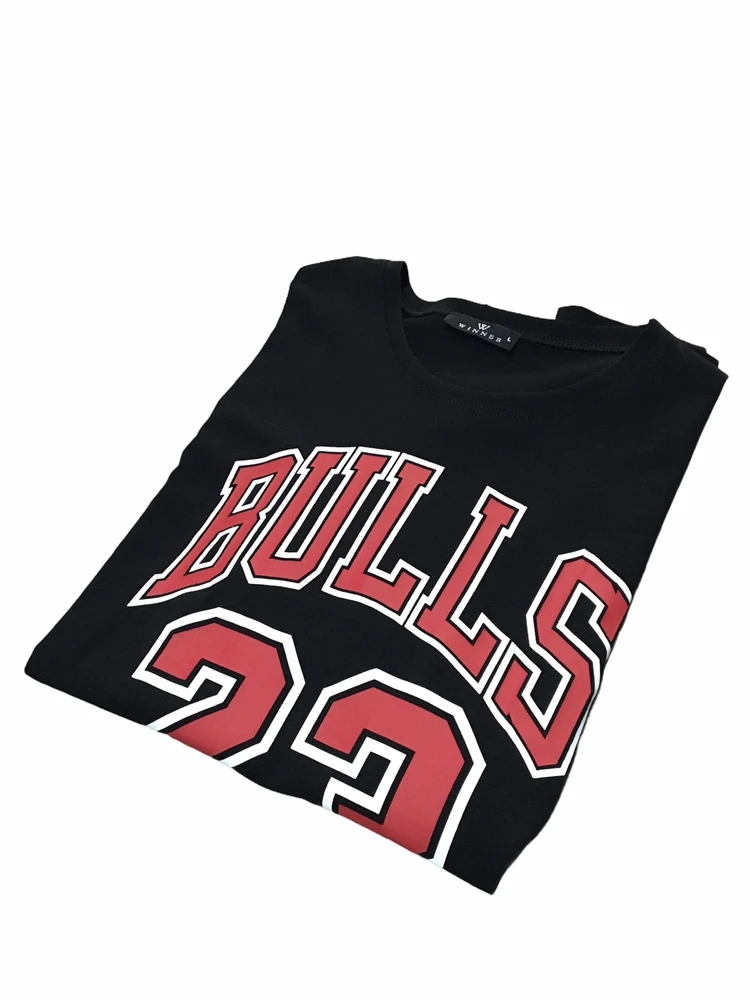 %100 Cotton Fashion Men's T-Shirt Bulls Black Short Sleeve Round Collar Printed Basketball