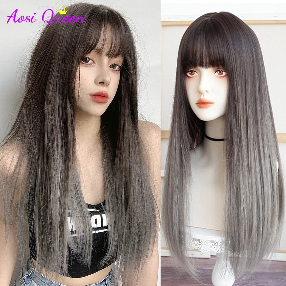 AS Synthetic Long straight hair black gradient gray Wig For Women Daily Party Wedding Use Wigs Heat Resistant Fiber Bangs Hair
AS Synthetic Long straight hair black gradient gray Wig For Women Daily Party Wedding Use Wigs Heat Resistant Fiber Bangs Hair