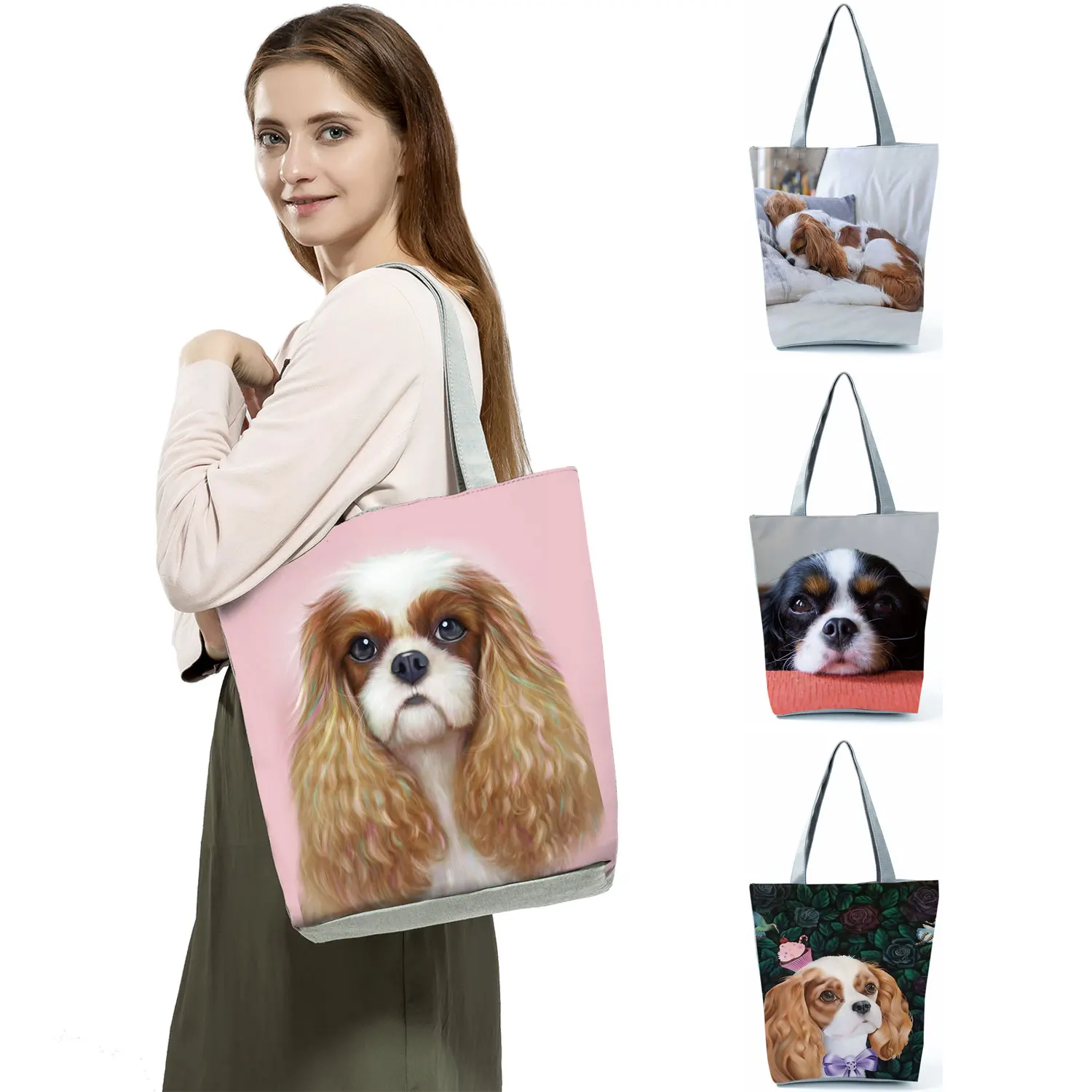 

Charles Spaniel Dog Printed Women Handbags Fashion Tote Shoulder Bags Large Capacity Shopping Bag Bolsa Female Custom Pattern