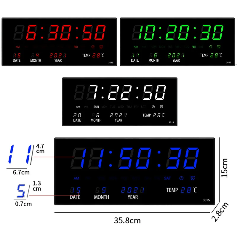 Светящиеся цифровые настенные часы с будильником отображением температуры даты