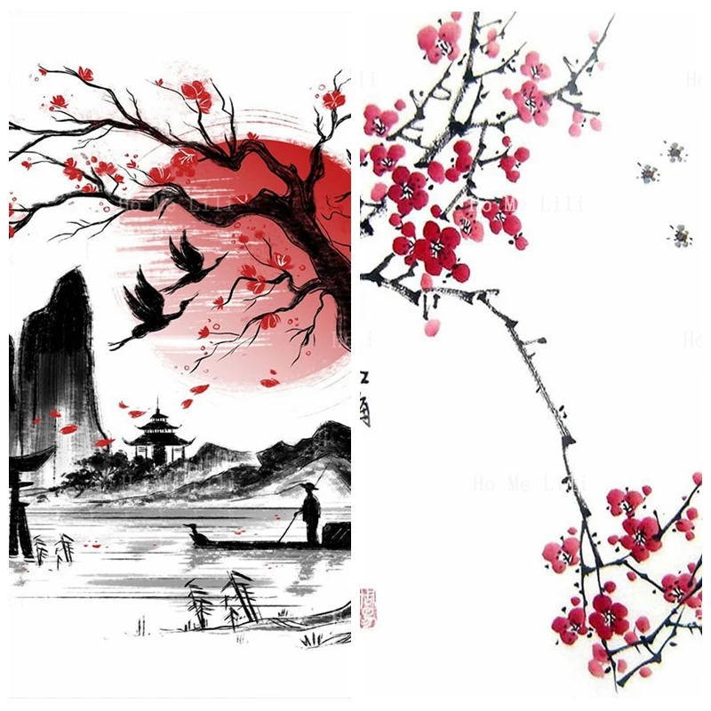 

Chinese Landscape Crane Cherry Blossoms Fishing-boat Red Plum Bird Ink Painting Canvas Wall Art By Ho Me Lili For Apartment Deco