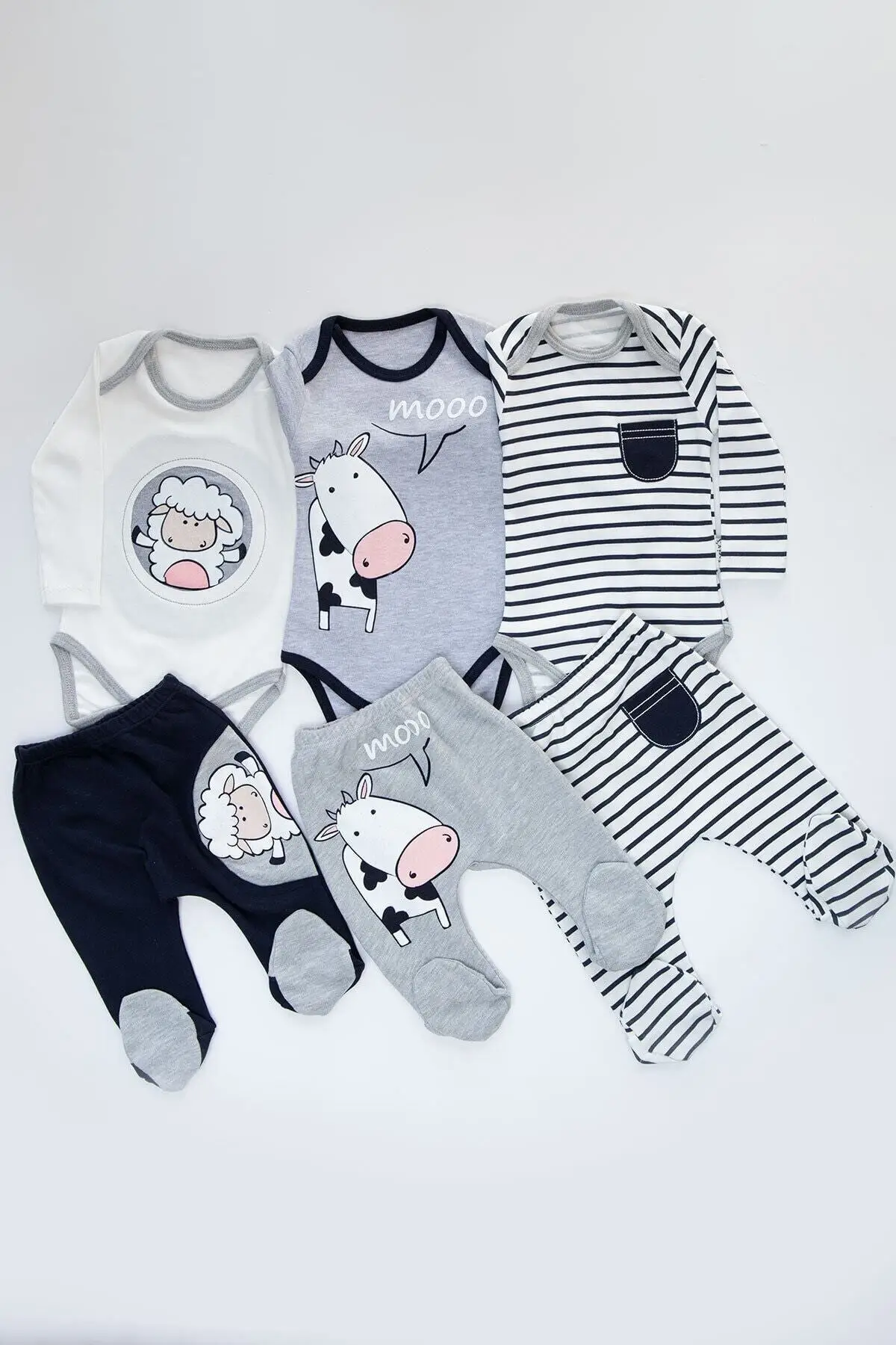 Flaneur Baby Unisex Long Sleeve Lamb Cow Patterned 6 Pieces 3 Set Bodysuit Pants Premium Quality Natural Cotton
Flaneur Baby Unisex Long Sleeve Lamb Cow Patterned 6 Pieces 3 Set Bodysuit Pants Premium Quality Natural Cotton