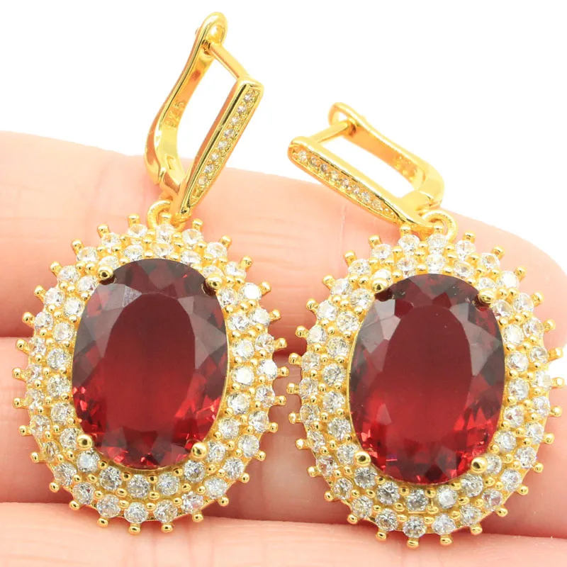 

45x23mm SheCrown Gorgeous 15.8g Created Red Blood Ruby White CZ Women Wedding Fine Jewelry 14k Gold Silver Earrings Pendant